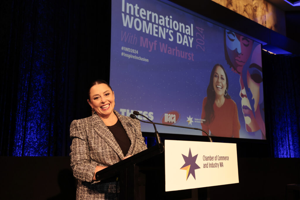 Myf Warhurst talks at a lunch event.